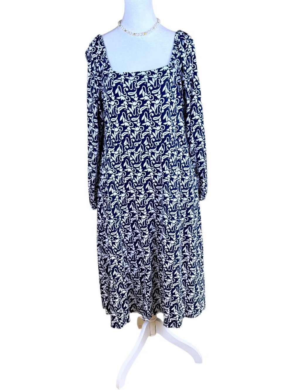 Boden Knit Dress Midi Maxi Long Sleeves Blue White Floral Cotton Modal (12)